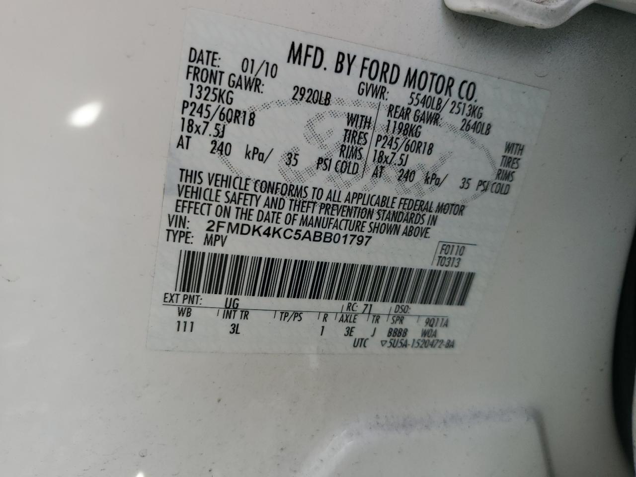 2010 Ford Edge Limited VIN: 2FMDK4KC5ABB01797 Lot: 84857975