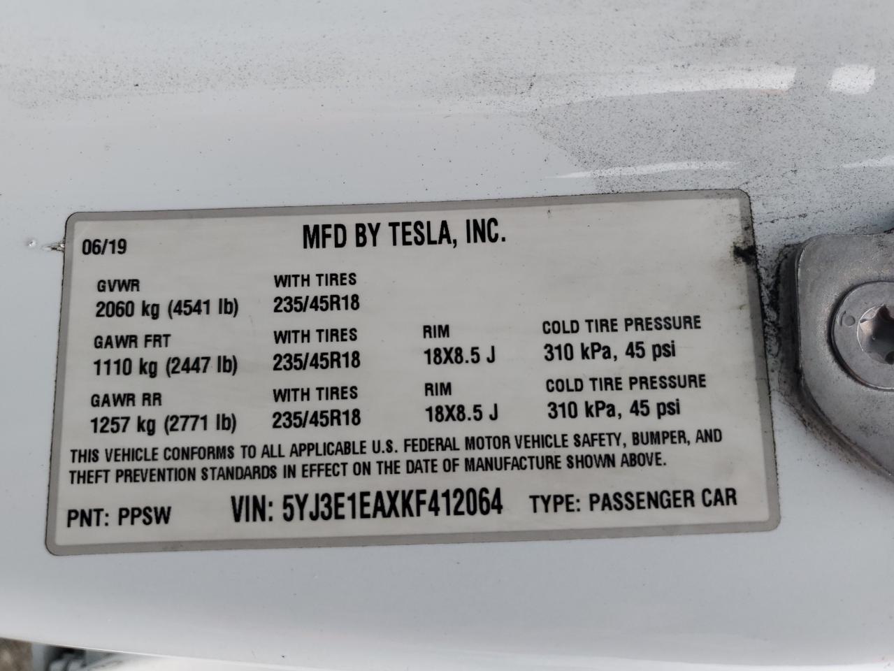 2019 Tesla Model 3 VIN: 5YJ3E1EAXKF412064 Lot: 82442835