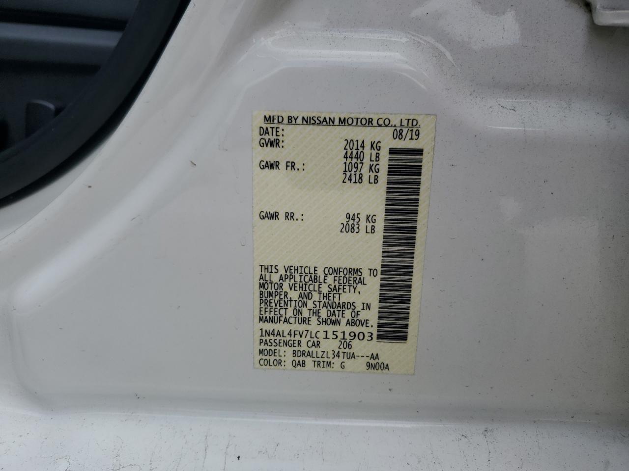 2020 Nissan Altima Platinum VIN: 1N4AL4FV7LC151903 Lot: 82290095