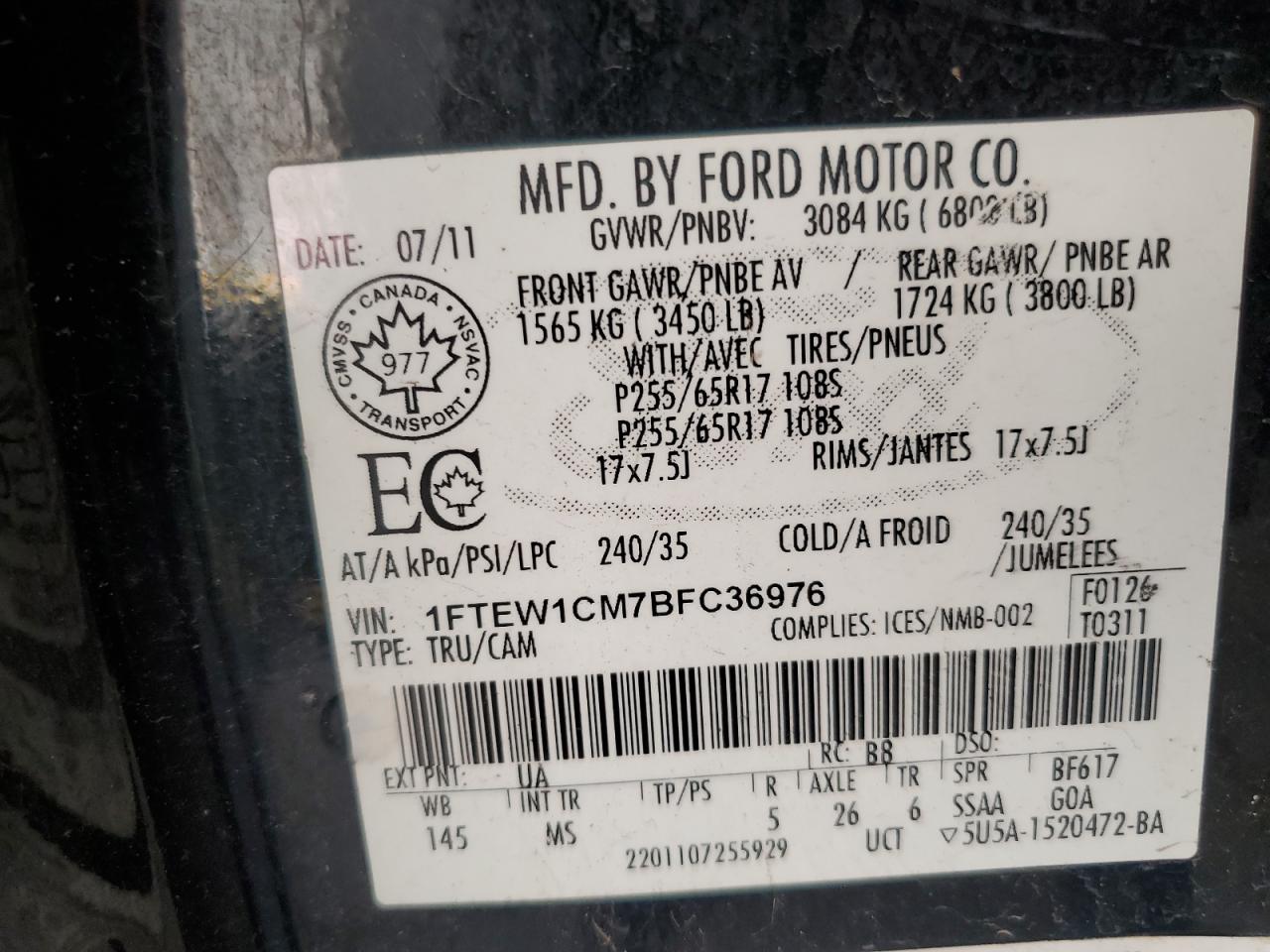 2011 Ford F150 Supercrew VIN: 1FTEW1CM7BFC36976 Lot: 86341395
