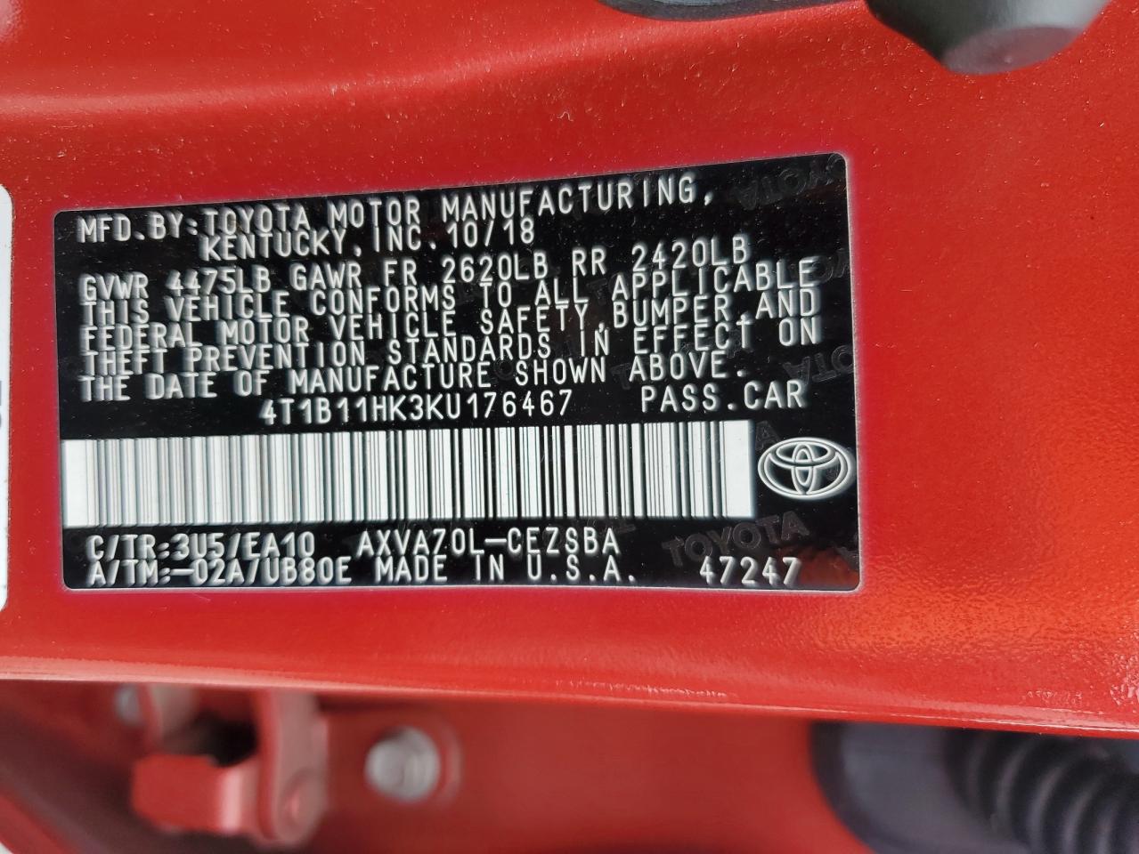 2019 Toyota Camry L VIN: 4T1B11HK3KU176467 Lot: 85689715