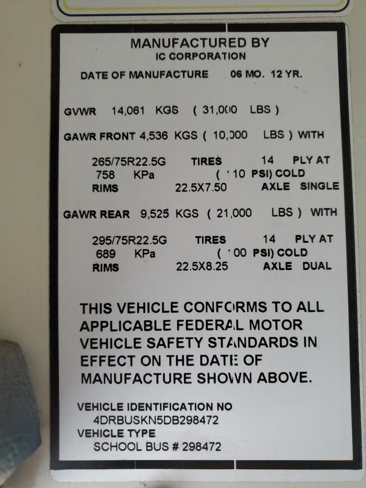 2013 Ic Corporation 3000 Ce - School Bus VIN: 4DRBUSKN5DB298472 Lot: 86302215