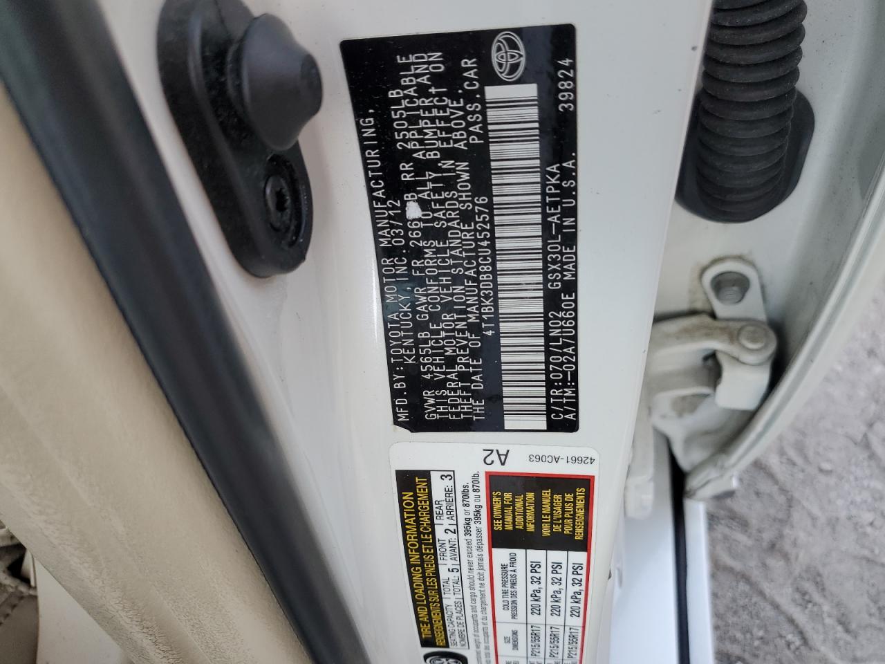 2012 Toyota Avalon Base VIN: 4T1BK3DB8CU452576 Lot: 81995885