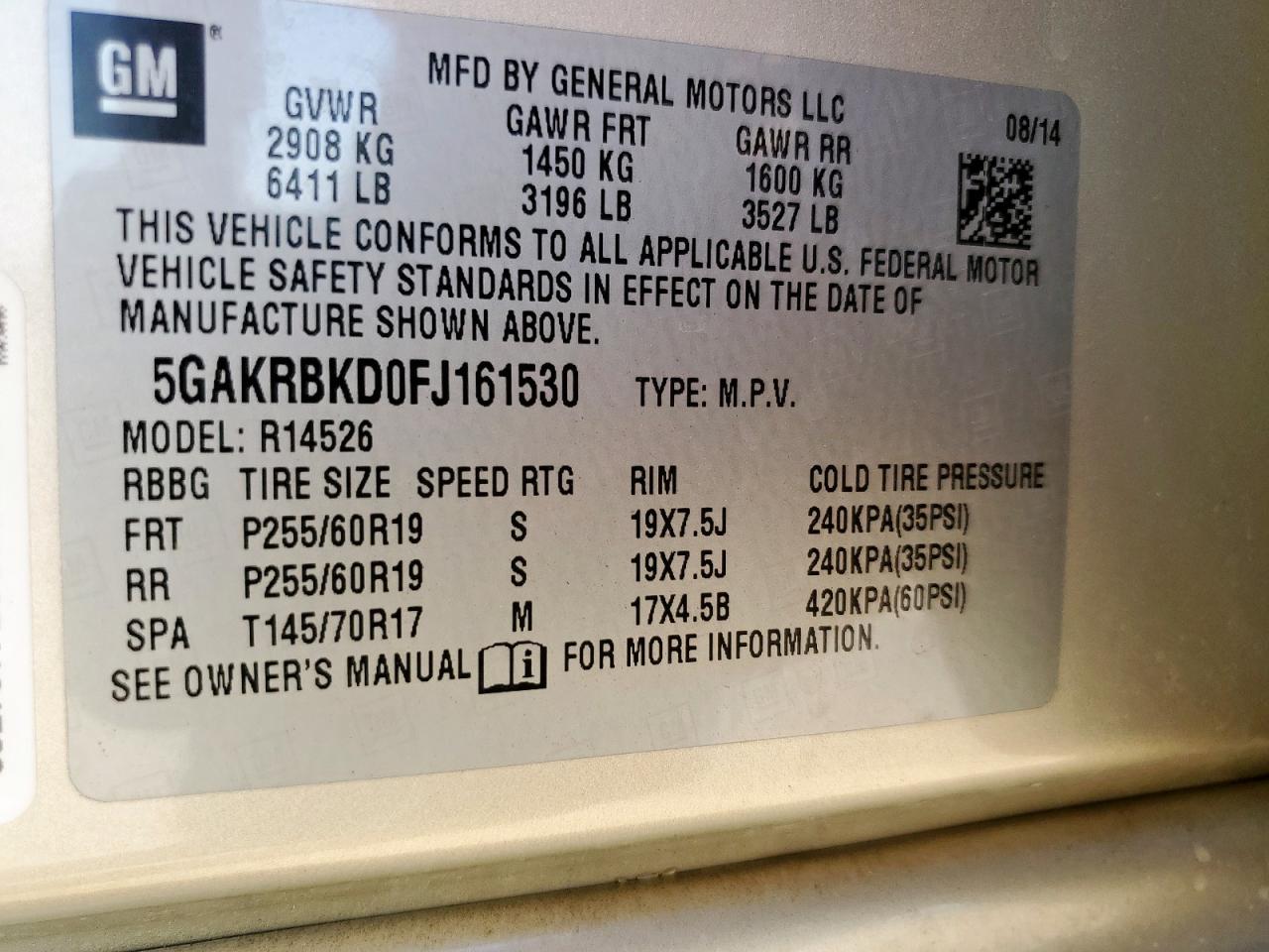 2015 Buick Enclave VIN: 5GAKRBKD0FJ161530 Lot: 85318385