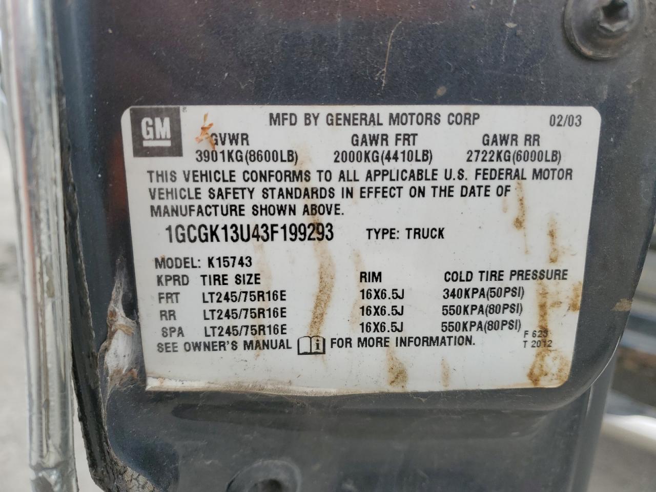 2003 Chevrolet Silverado K1500 Heavy Duty VIN: 1GCGK13U43F199293 Lot: 84183305