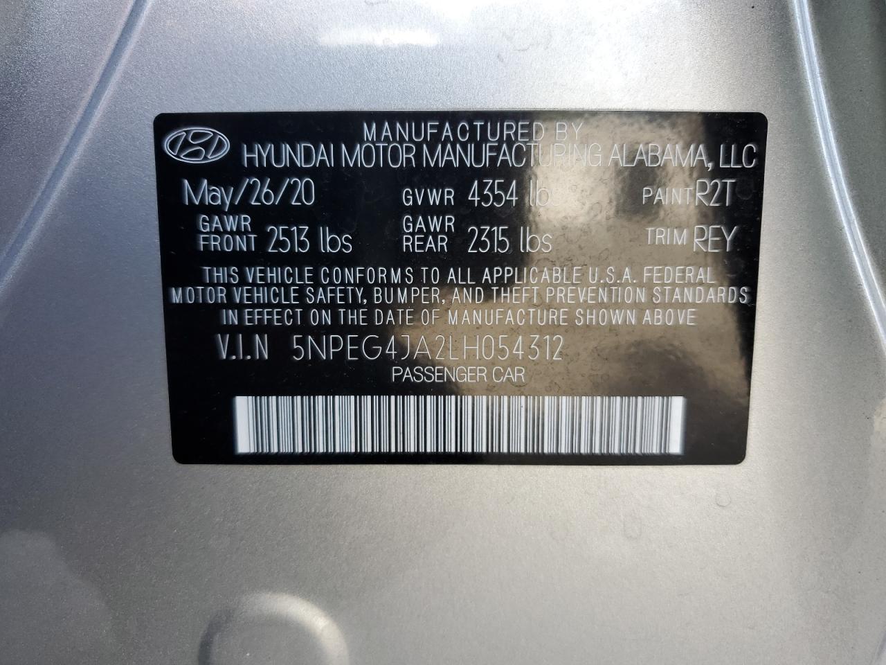 2020 Hyundai Sonata Se VIN: 5NPEG4JA2LH054312 Lot: 82385095