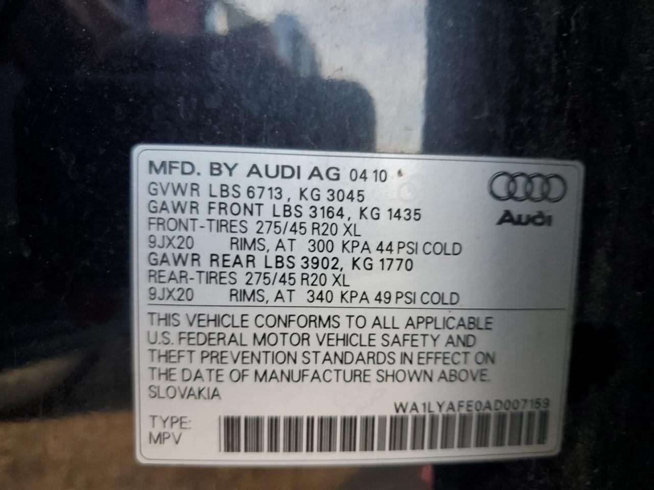 2010 Audi Q7 Premium Plus VIN: WA1LYAFE0AD007159 Lot: 86671025