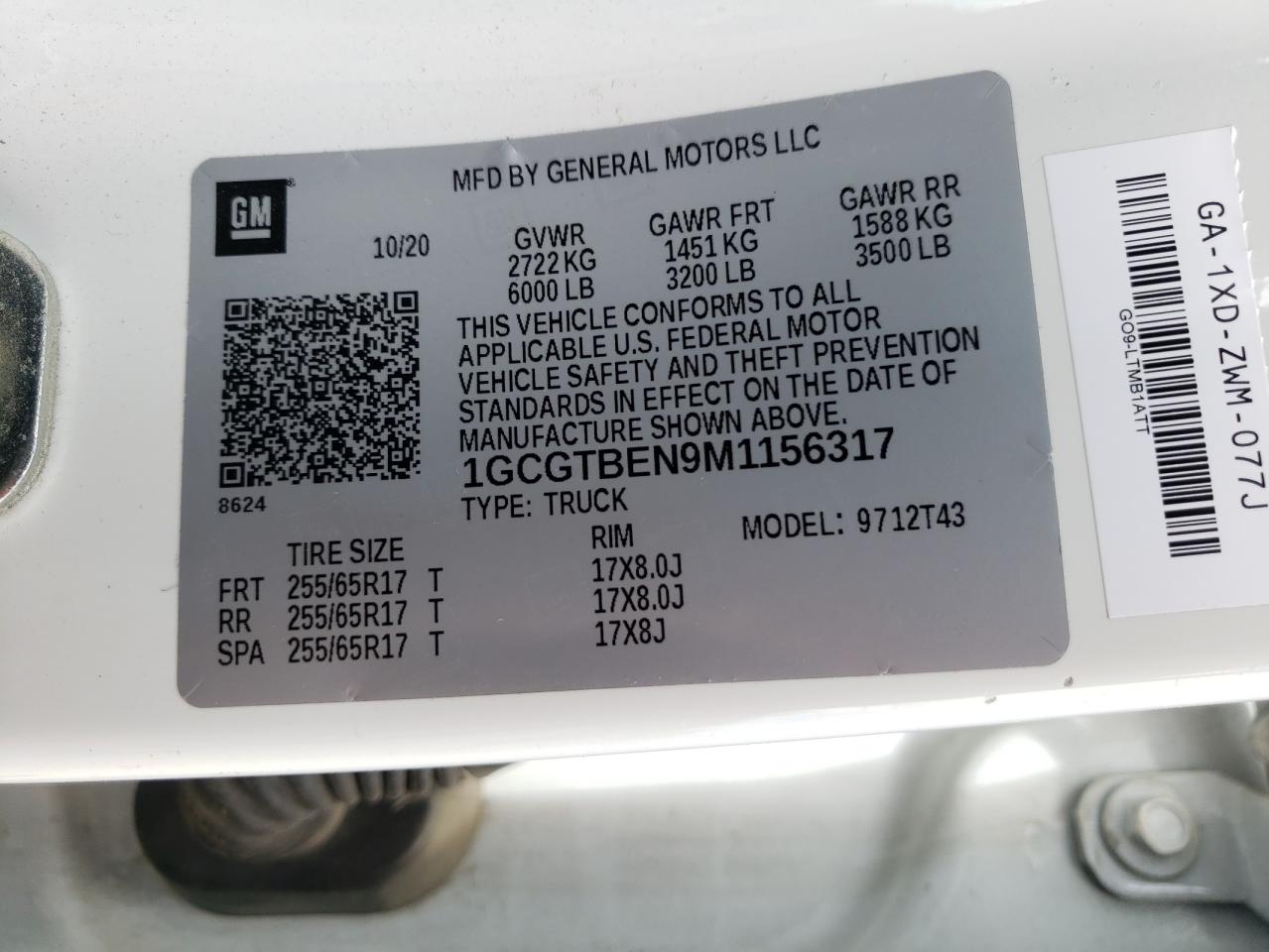 2021 Chevrolet Colorado VIN: 1GCGTBEN9M1156317 Lot: 85949475