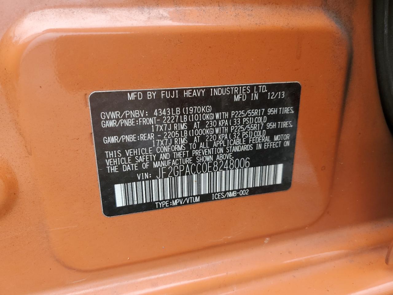 2014 Subaru Xv Crosstrek 2.0 Premium VIN: JF2GPACC0E8248006 Lot: 85336765