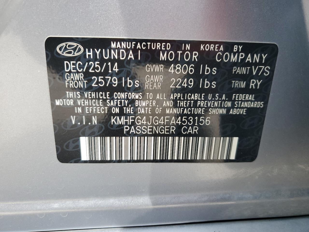 2015 Hyundai Azera VIN: KMHFG4JG4FA453156 Lot: 86844795