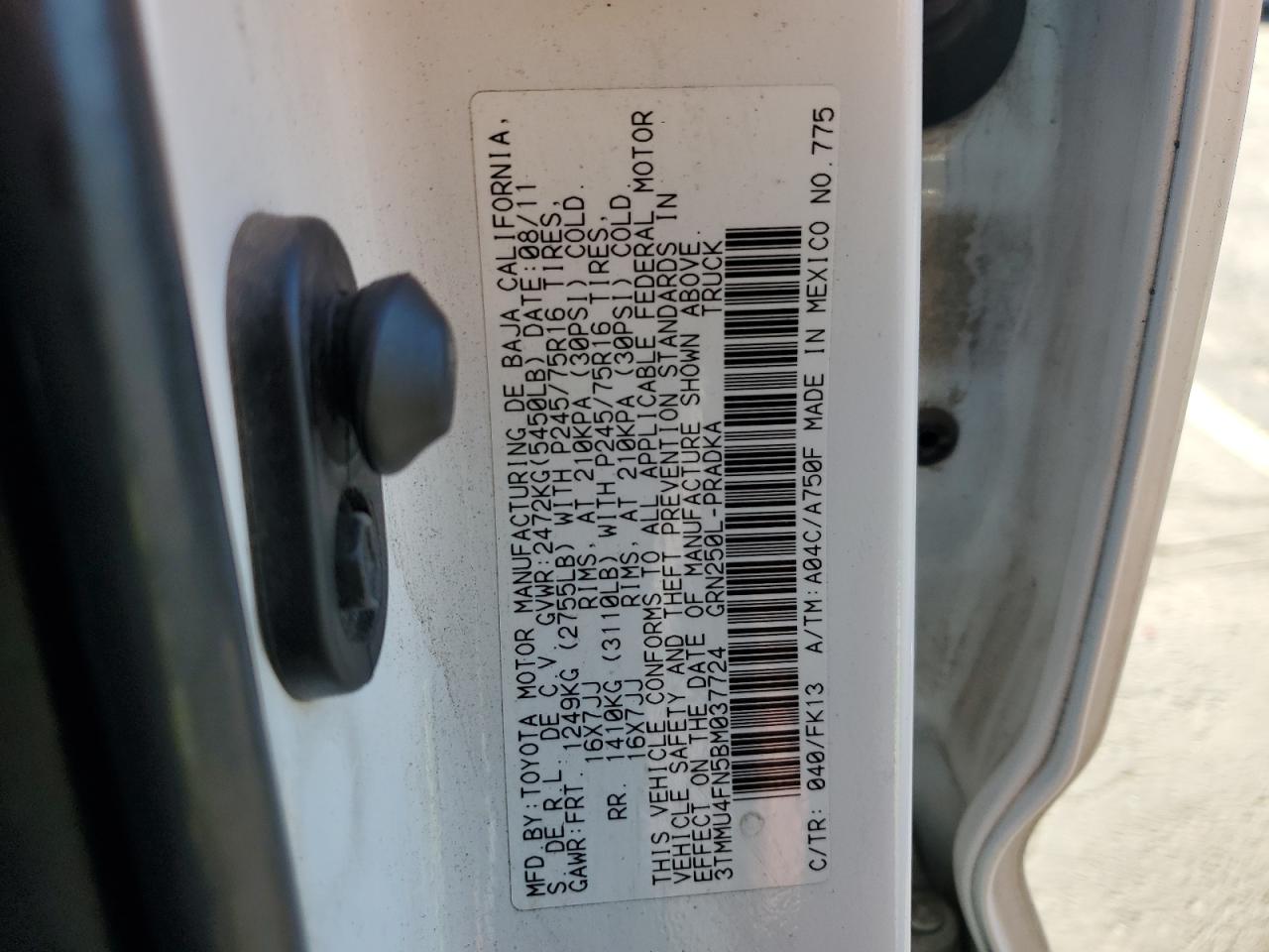 2011 Toyota Tacoma Double Cab Long Bed VIN: 3TMMU4FN5BM037724 Lot: 85577715