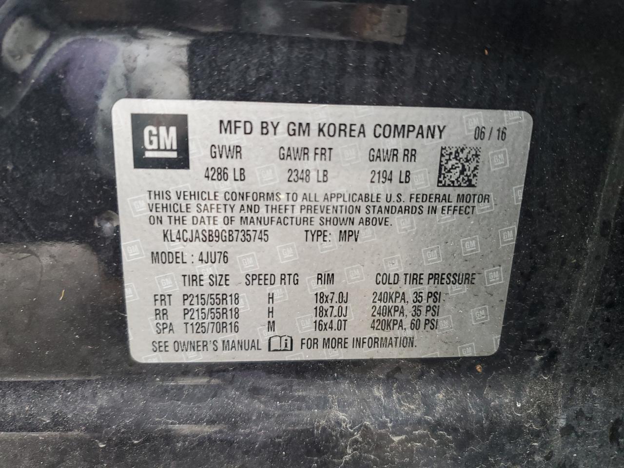 2016 Buick Encore VIN: KL4CJASB9GB735745 Lot: 82491205
