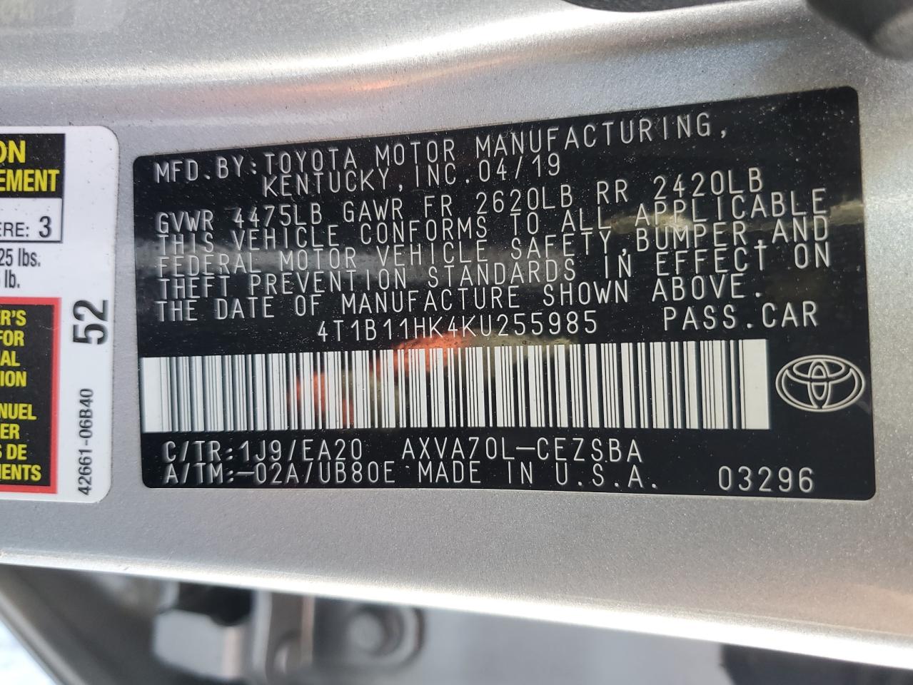 2019 Toyota Camry L VIN: 4T1B11HK4KU255985 Lot: 82487775