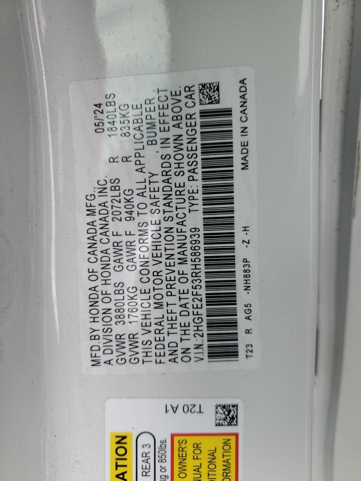 2024 Honda Civic Sport VIN: 2HGFE2F53RH586939 Lot: 85328325