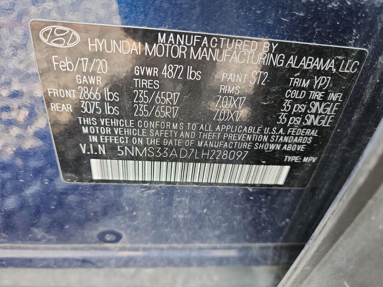 2020 Hyundai Santa Fe Sel VIN: 5NMS33AD7LH228097 Lot: 86654135
