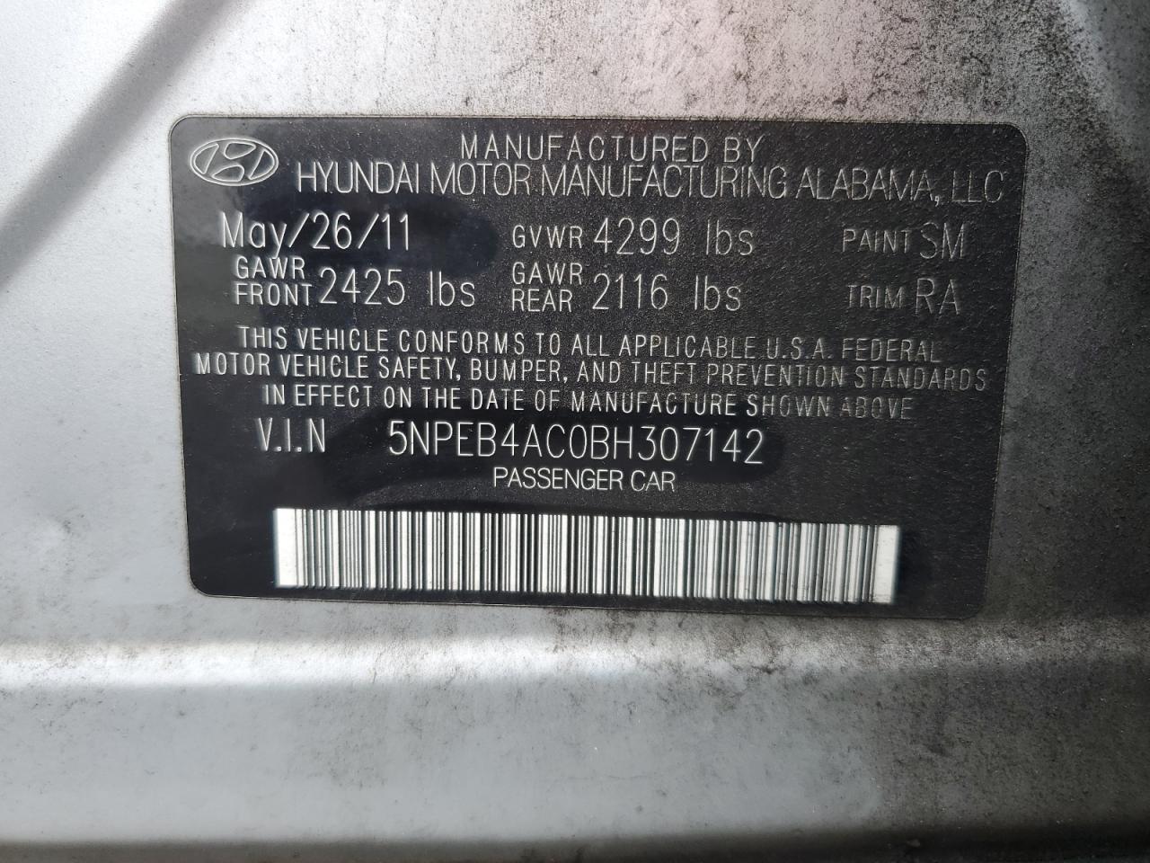 2011 Hyundai Sonata Gls VIN: 5NPEB4AC0BH307142 Lot: 86649635