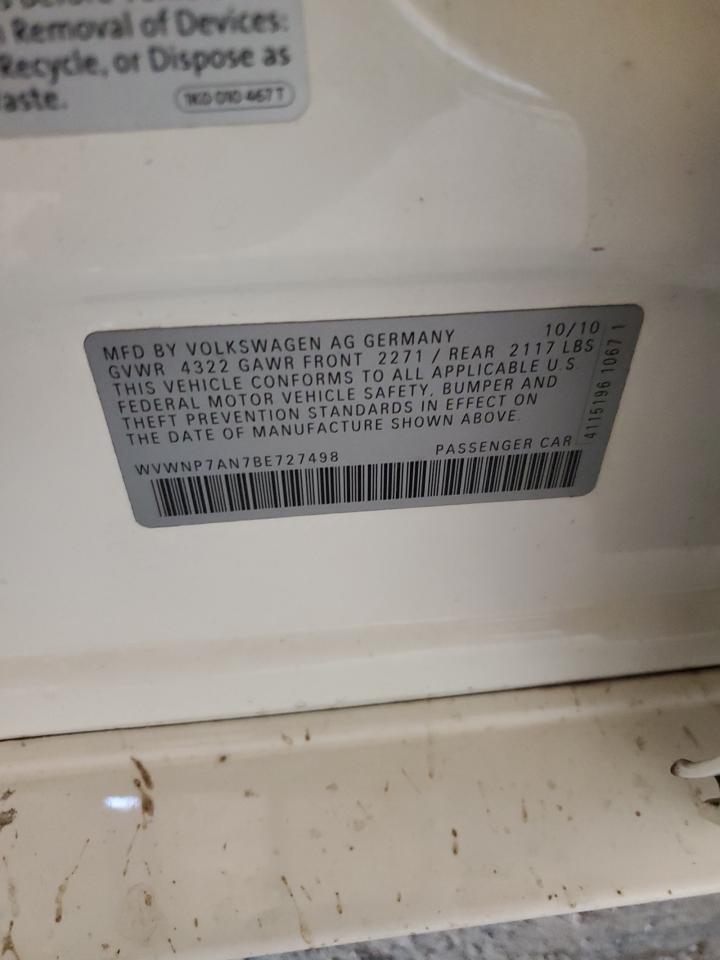 2011 Volkswagen Cc Sport VIN: WVWNP7AN7BE727498 Lot: 89467255