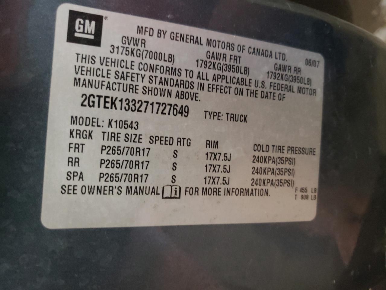 2007 GMC New Sierra K1500 VIN: 2GTEK133271727649 Lot: 86268065