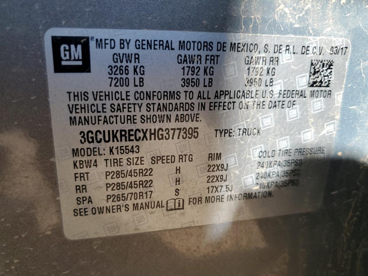 2017 Chevrolet Silverado K1500 Lt VIN: 3GCUKRECXHG377395 Lot: 82202805