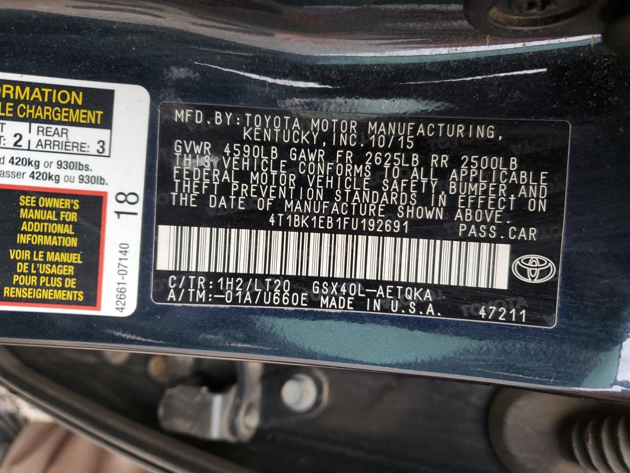 2015 Toyota Avalon Xle VIN: 4T1BK1EB1FU192691 Lot: 86166295