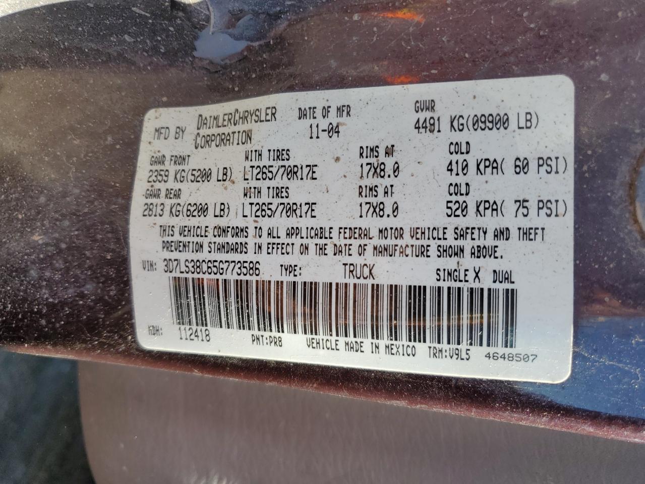 2005 Dodge Ram 3500 St VIN: 3D7LS38C65G773586 Lot: 84049365