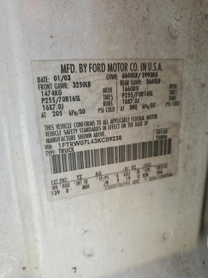 2003 Ford F150 Supercrew VIN: 1FTRW07L43KC09238 Lot: 85852775