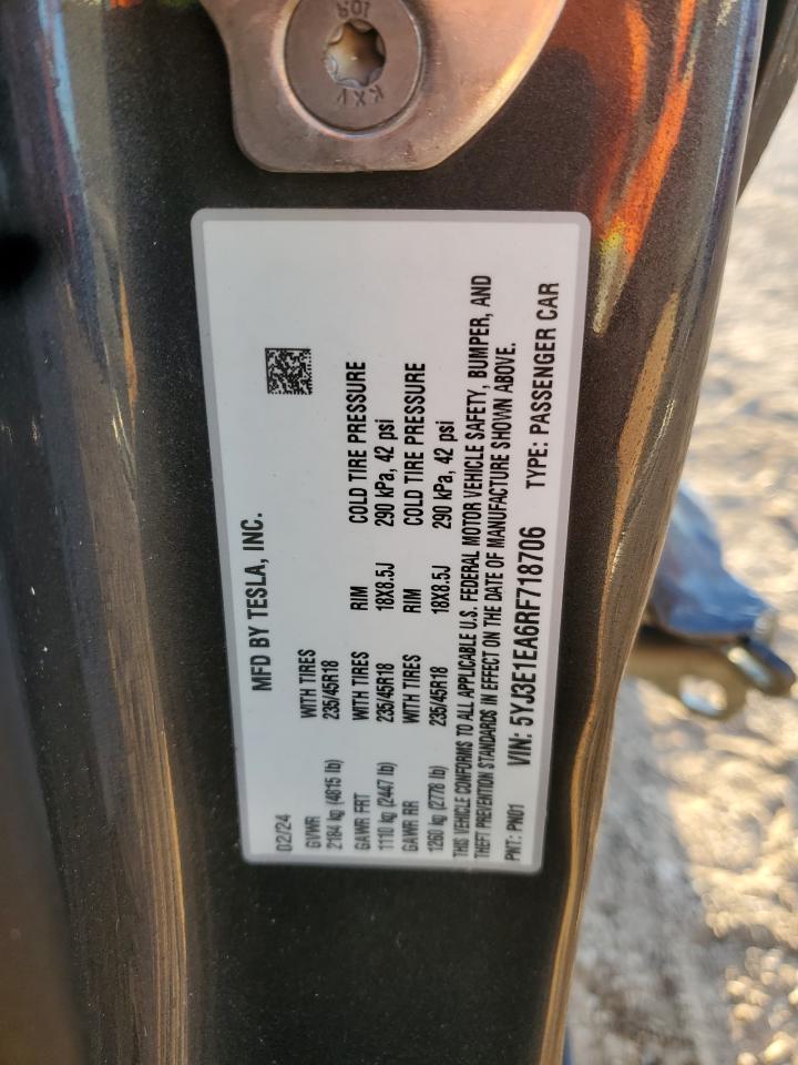 2024 Tesla Model 3 VIN: 5YJ3E1EA6RF718706 Lot: 90509295