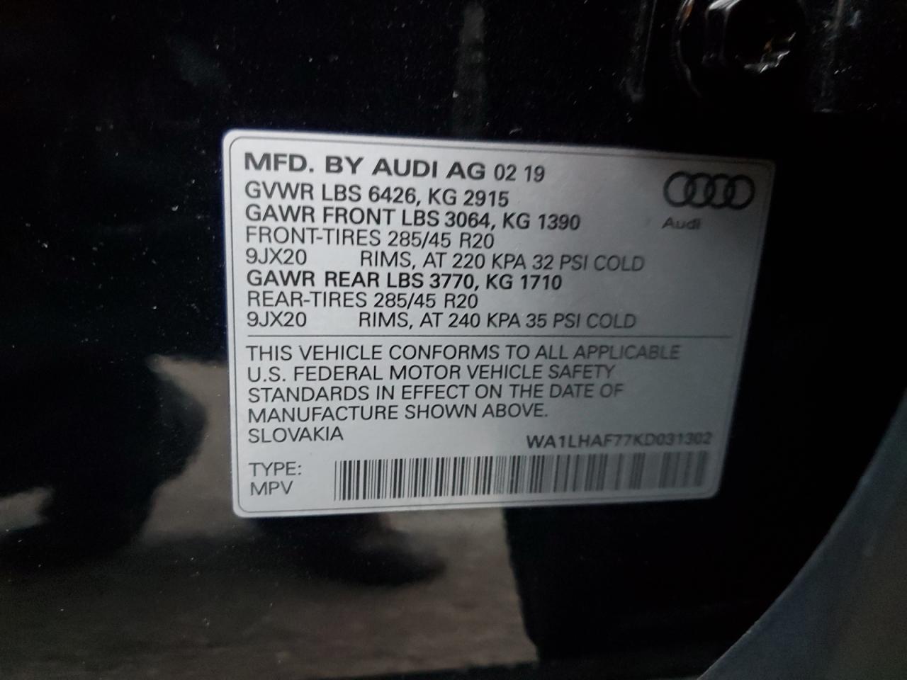 2019 Audi Q7 Premium Plus VIN: WA1LHAF77KD031302 Lot: 82638365
