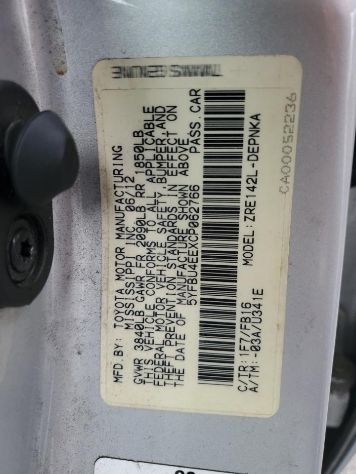 5YFBU4EEXCP062766 2012 Toyota Corolla Base