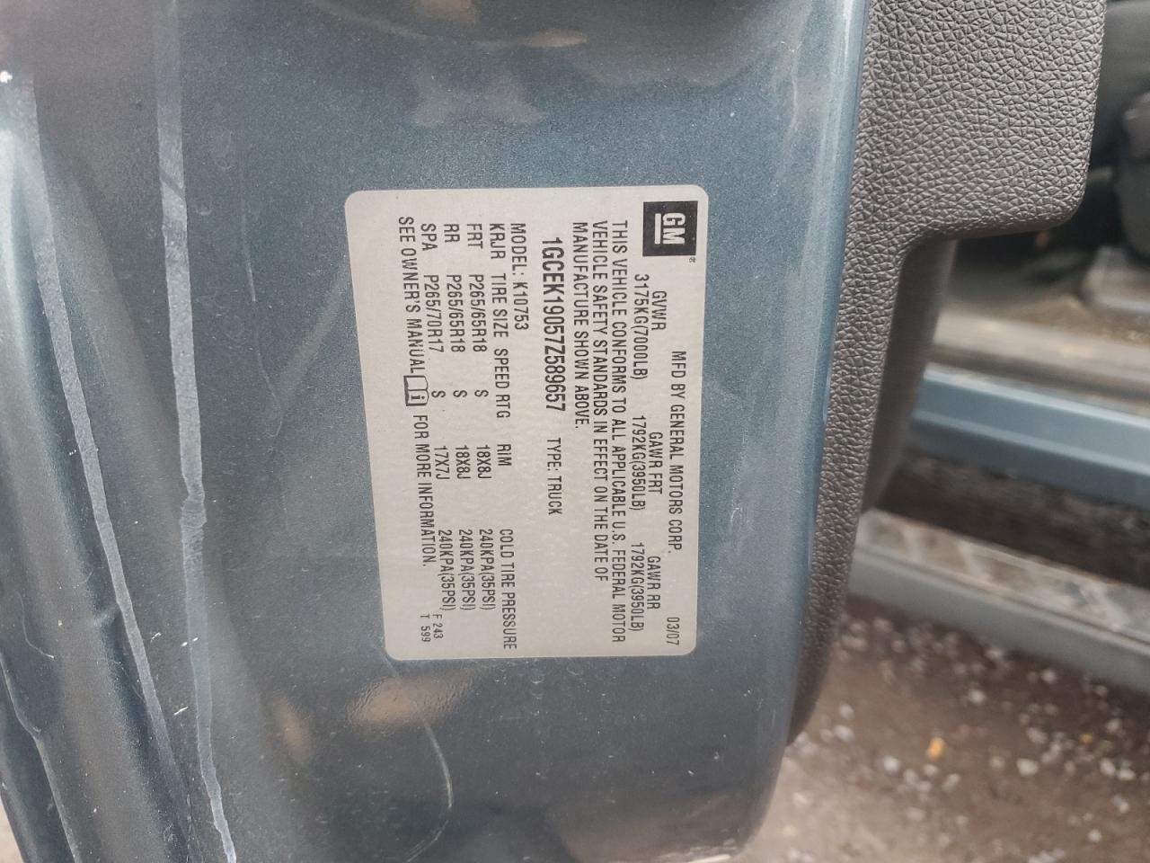 2007 Chevrolet Silverado K1500 VIN: 1GCEK19057Z589657 Lot: 82470135