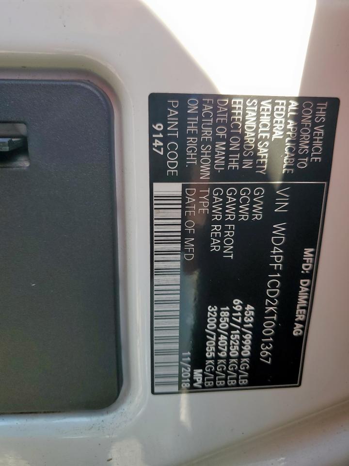 2019 Mercedes-Benz Sprinter 2500/3500 VIN: WD4PF1CD2KT001367 Lot: 85097405