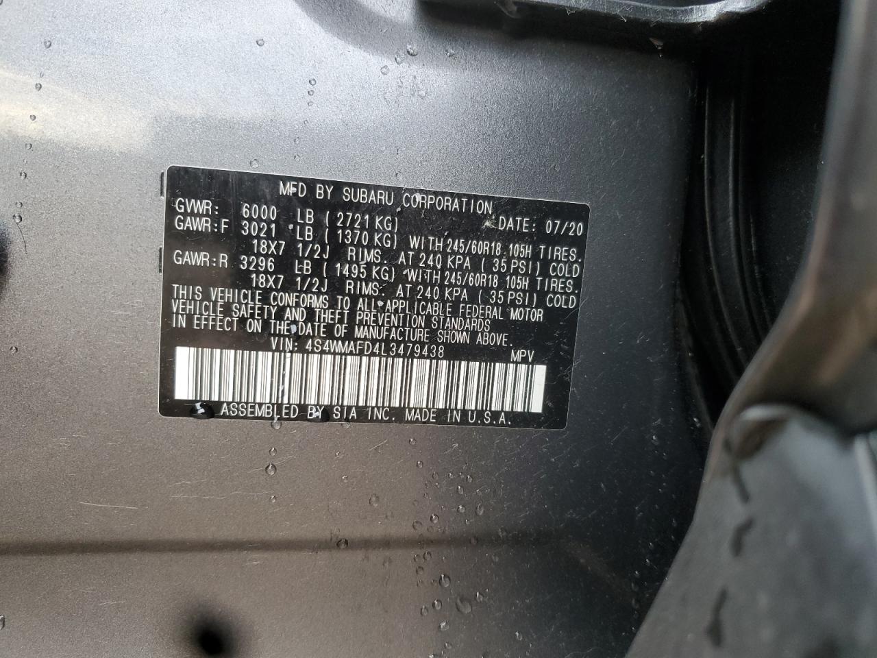 2020 Subaru Ascent Premium VIN: 4S4WMAFD4L3479438 Lot: 86468895