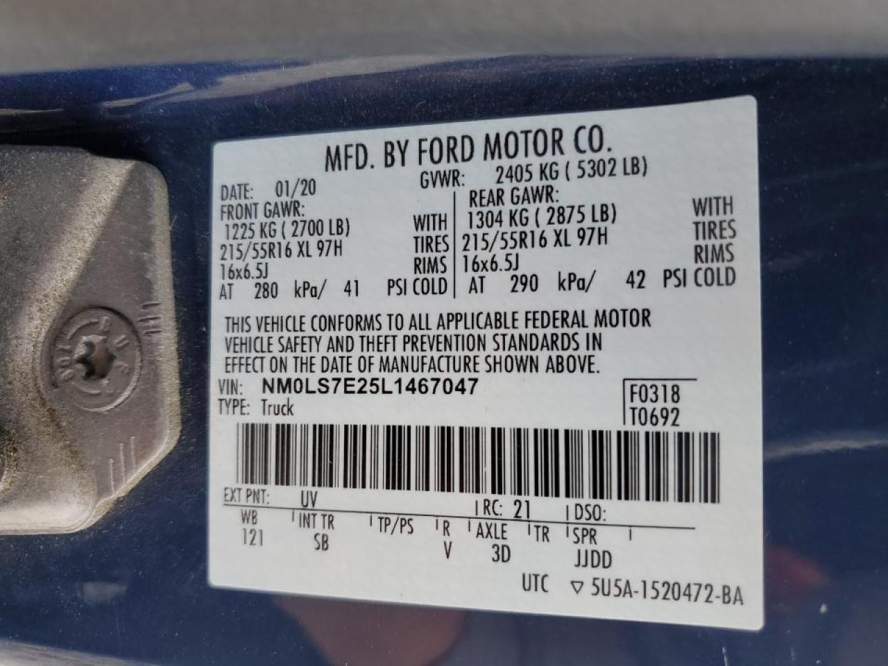 2020 Ford Transit Connect Utility / Service Van VIN: NM0LS7E25L1467047 Lot: 86788035