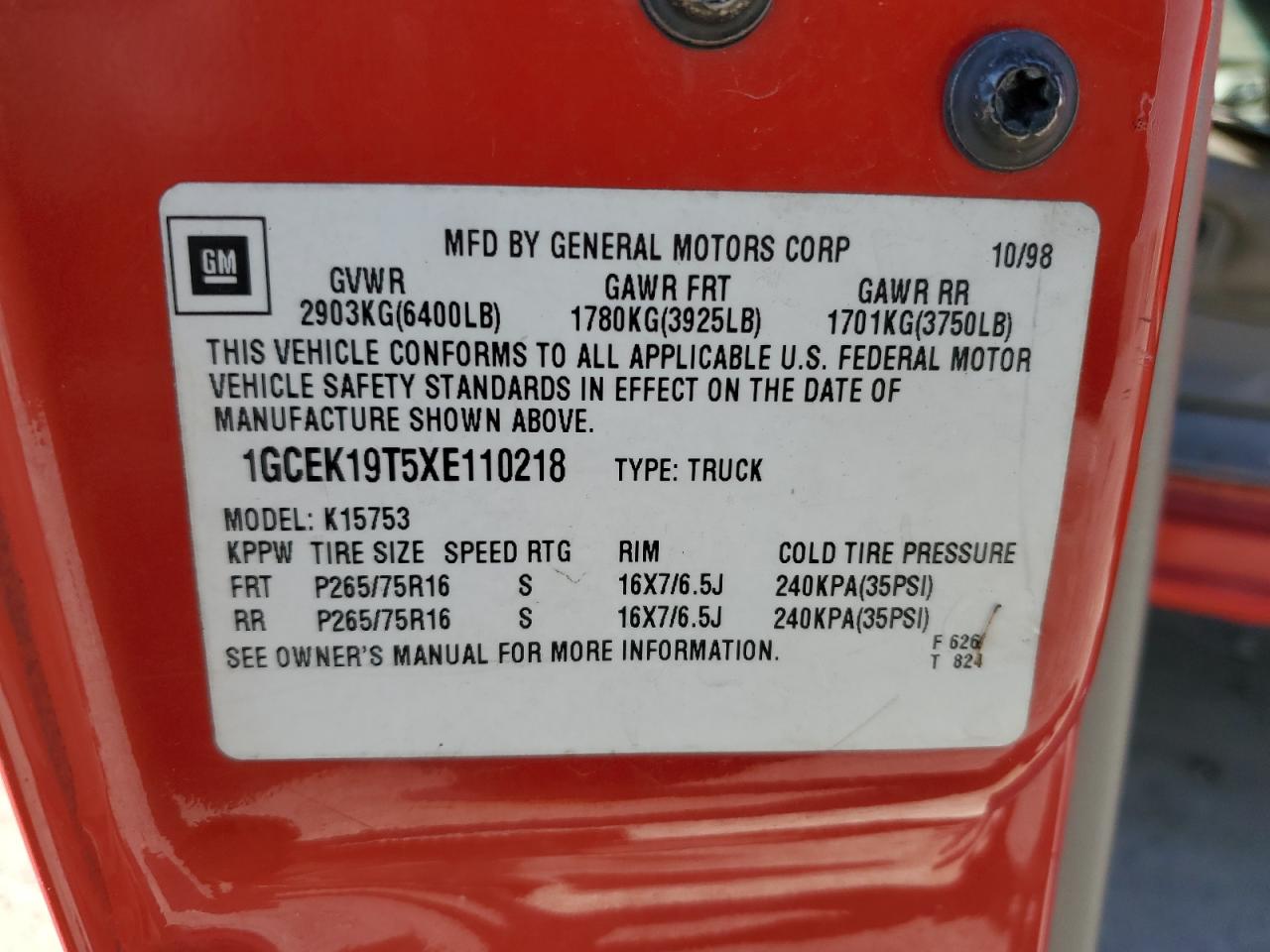 1999 Chevrolet Silverado K1500 VIN: 1GCEK19T5XE110218 Lot: 80474285