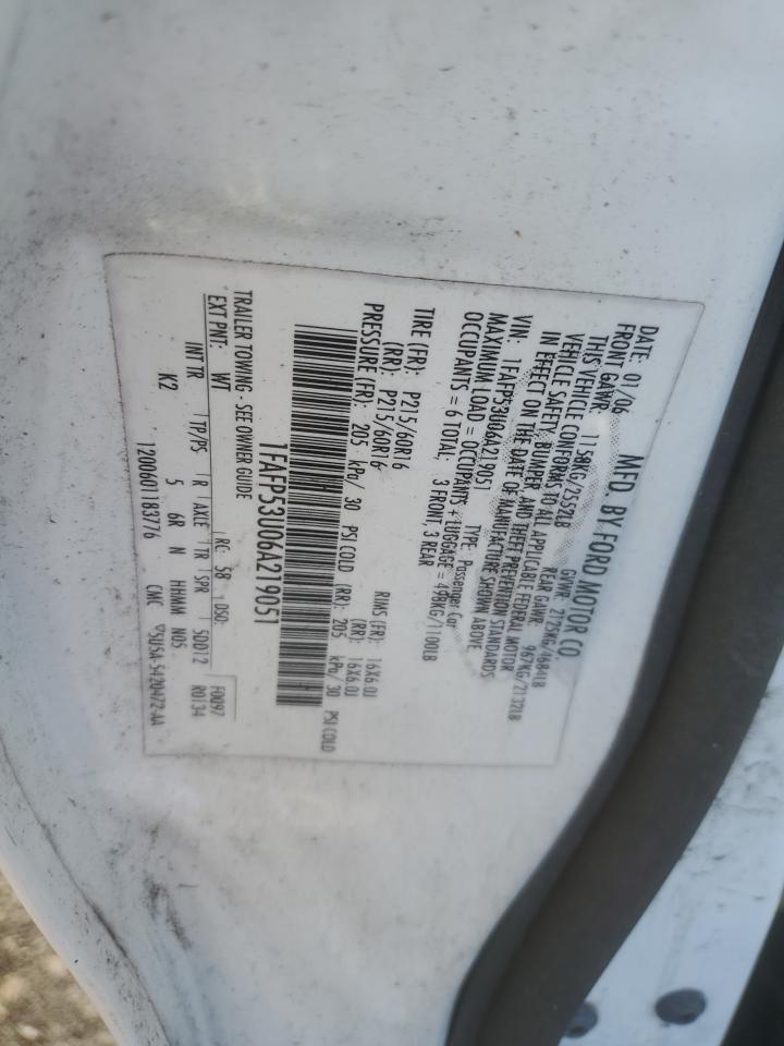 2006 Ford Taurus Se VIN: 1FAFP53U06A219051 Lot: 84812035