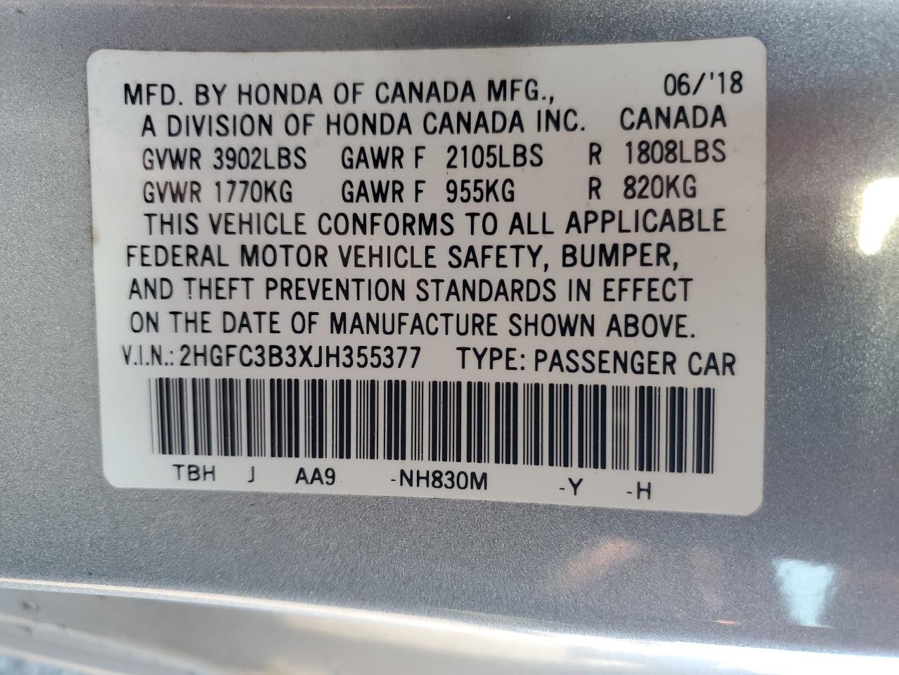 2018 Honda Civic Ex VIN: 2HGFC3B3XJH355377 Lot: 86711185