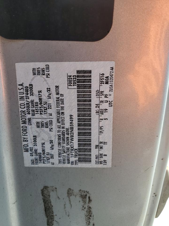 2002 Ford F150 VIN: 1FTRX17W82NB59499 Lot: 85295365