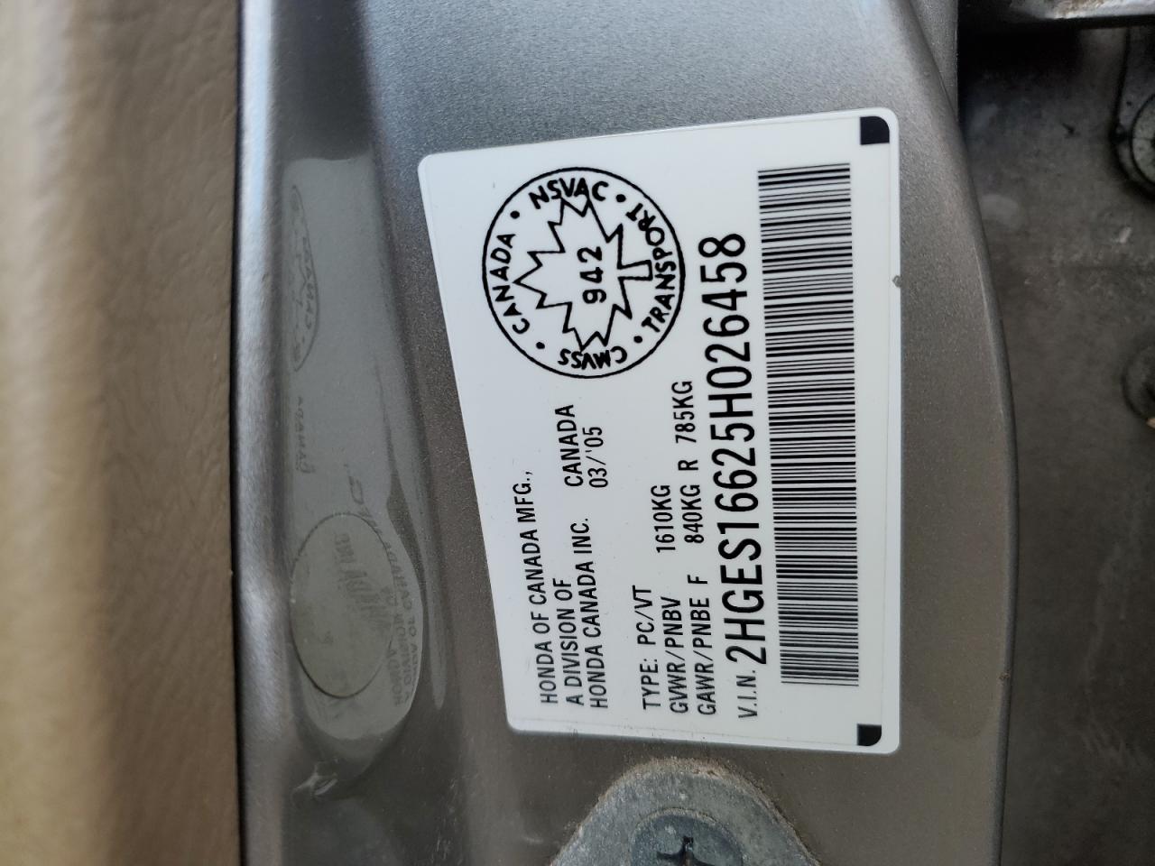 2005 Honda Civic Lx VIN: 2HGES16625H026458 Lot: 89824875