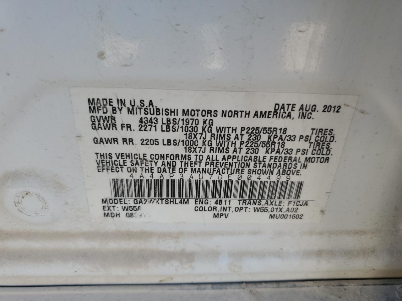 2013 Mitsubishi Outlander Sport Es VIN: 4A4AP3AU7DE004499 Lot: 86808965