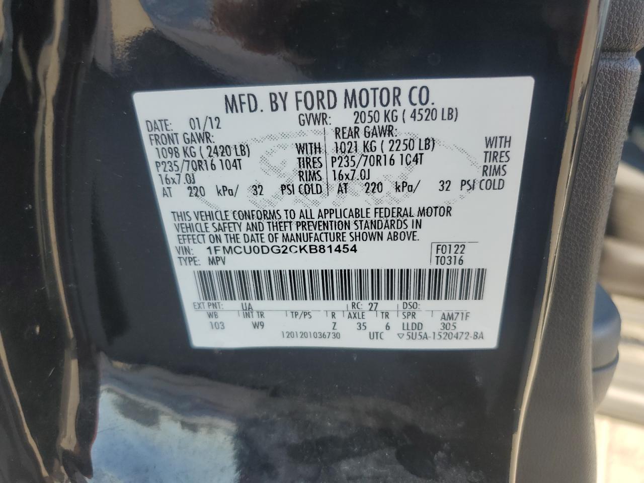 2012 Ford Escape Xlt VIN: 1FMCU0DG2CKB81454 Lot: 86180075