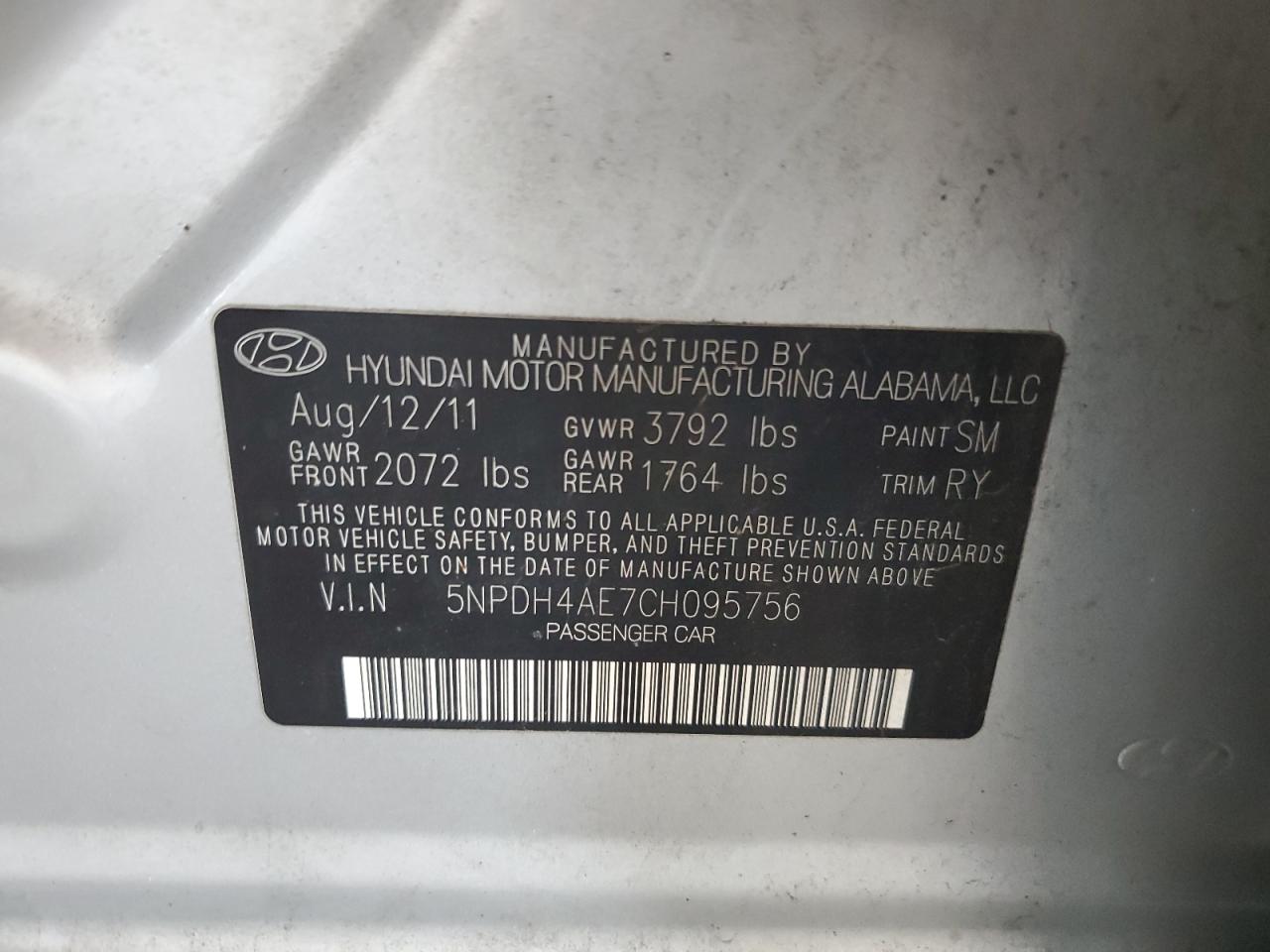 2012 Hyundai Elantra Gls VIN: 5NPDH4AE7CH095756 Lot: 86292045