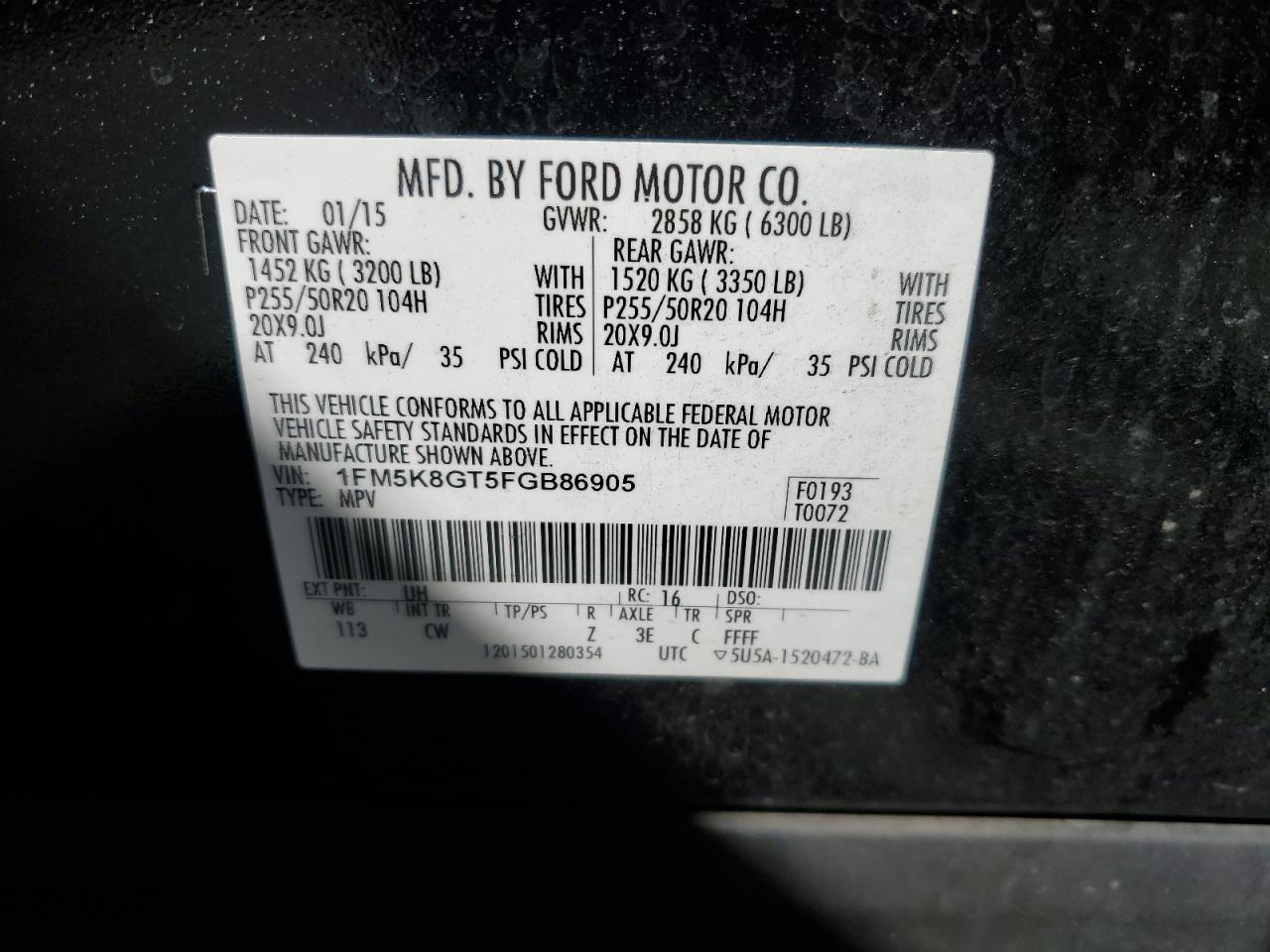 2015 Ford Explorer Sport VIN: 1FM5K8GT5FGB86905 Lot: 85863215