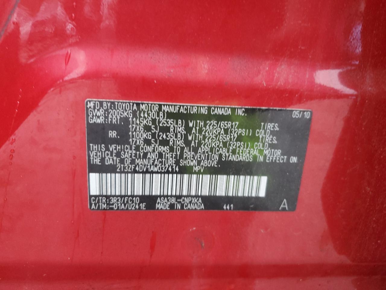 2010 Toyota Rav4 VIN: 2T3ZF4DV1AW037414 Lot: 85840735