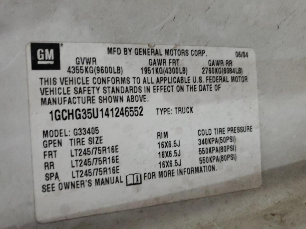 2004 Chevrolet Express 3500 Van VIN: 1GCHG35U141246552 Lot: 91037165