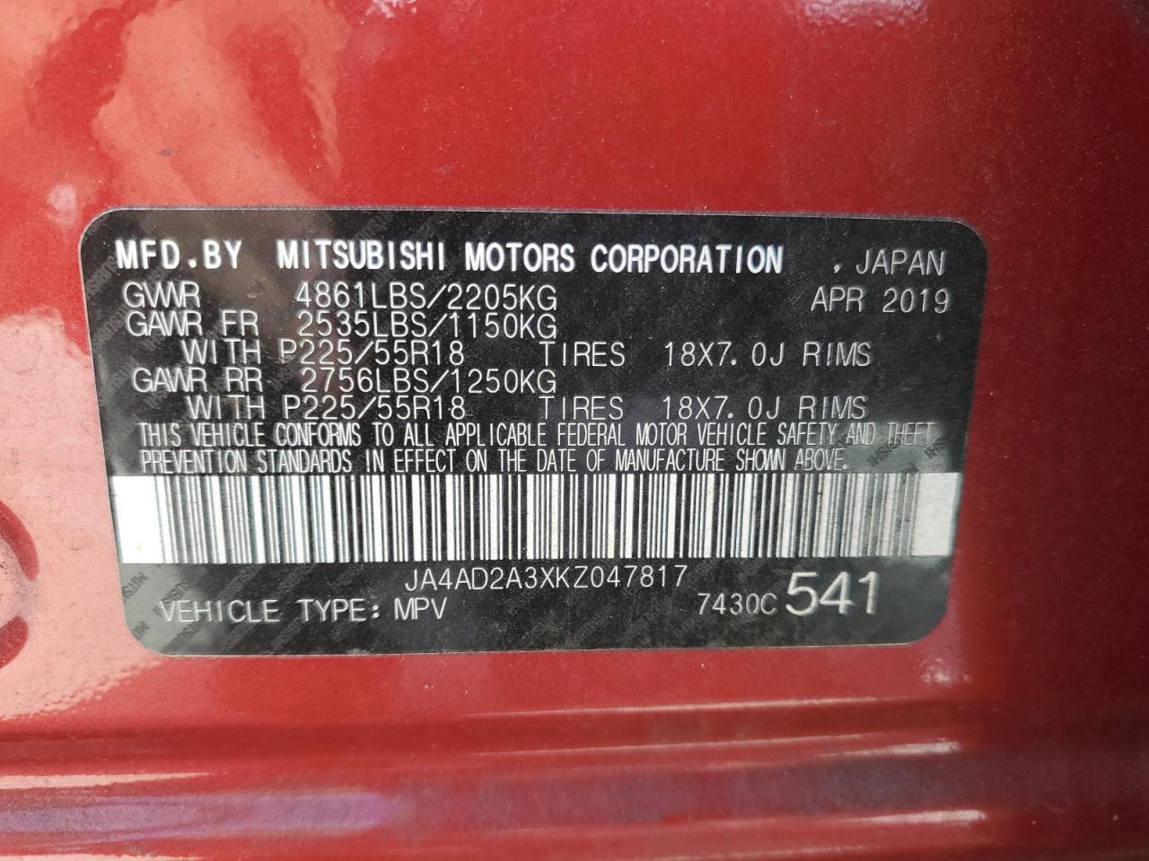 2019 Mitsubishi Outlander Es VIN: JA4AD2A3XKZ047817 Lot: 82360555