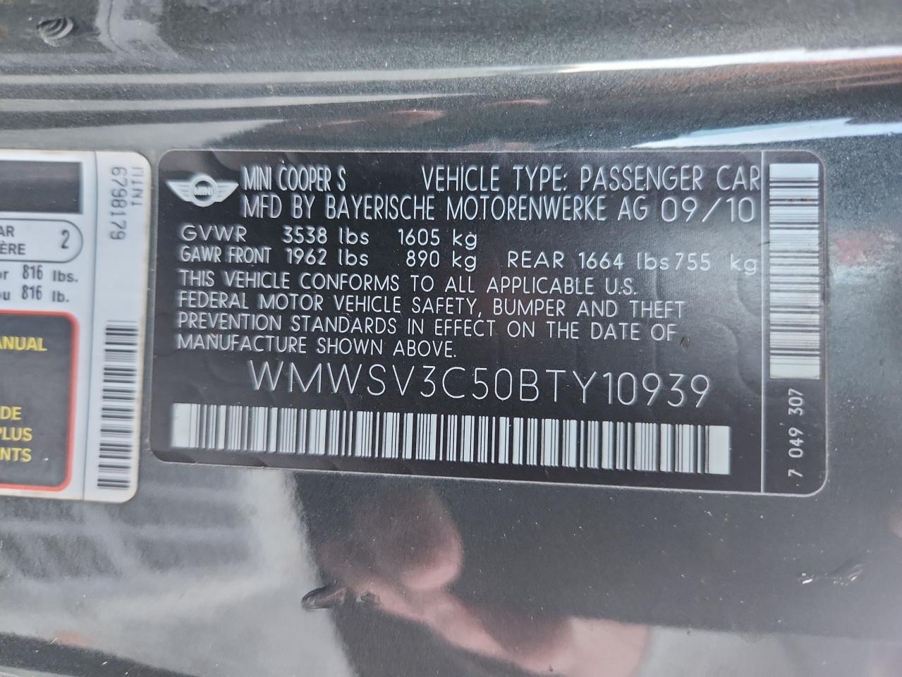 2011 Mini Cooper S VIN: WMWSV3C50BTY10939 Lot: 86900975