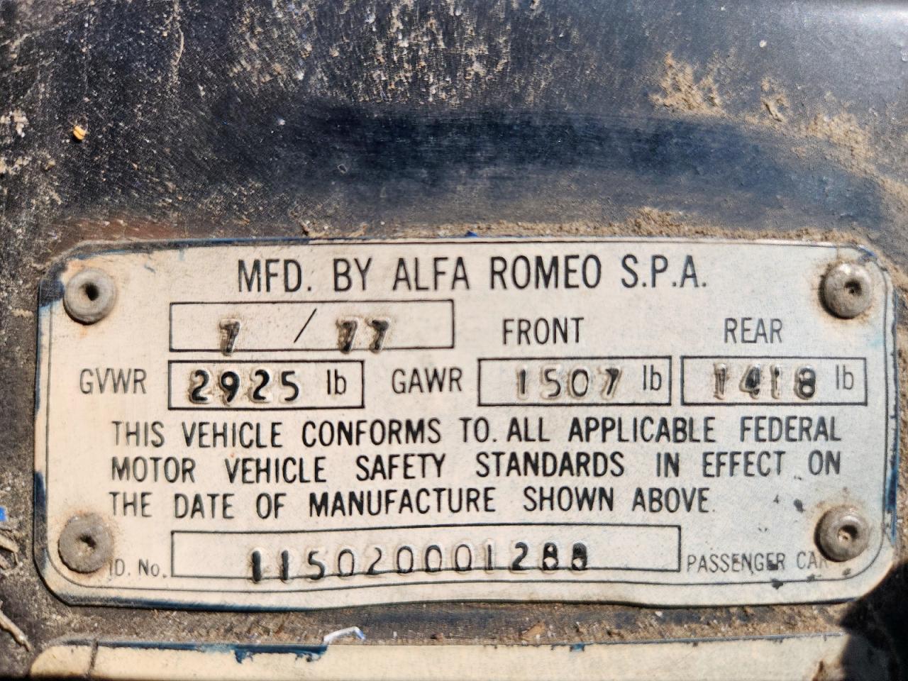 1977 Alfa Romeo Spider VIN: AR115020001288 Lot: 85667385