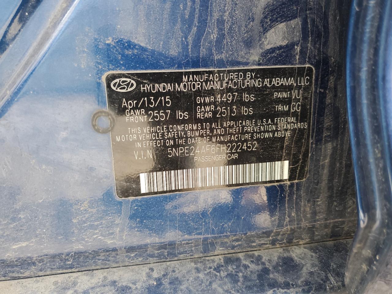 2015 Hyundai Sonata Se VIN: 5NPE24AF6FH222452 Lot: 86782145
