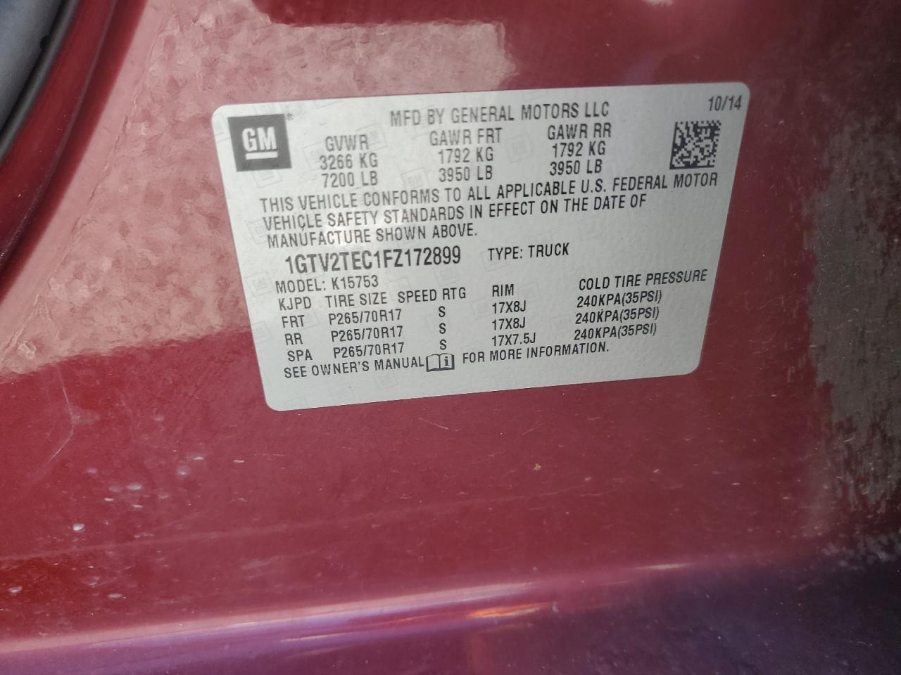 2015 GMC Sierra K1500 VIN: 1GTV2TEC1FZ172899 Lot: 86447475