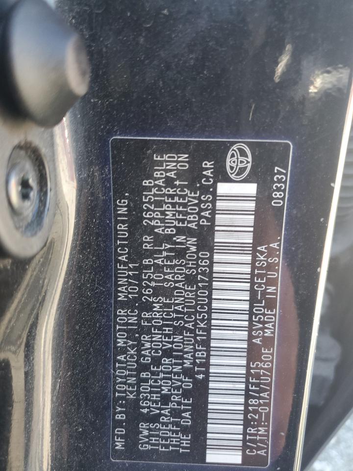 2012 Toyota Camry Base VIN: 4T1BF1FK5CU017360 Lot: 86077975